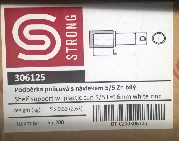 STRONG podpěra policová s návlekem 7/5mm zinek bílý