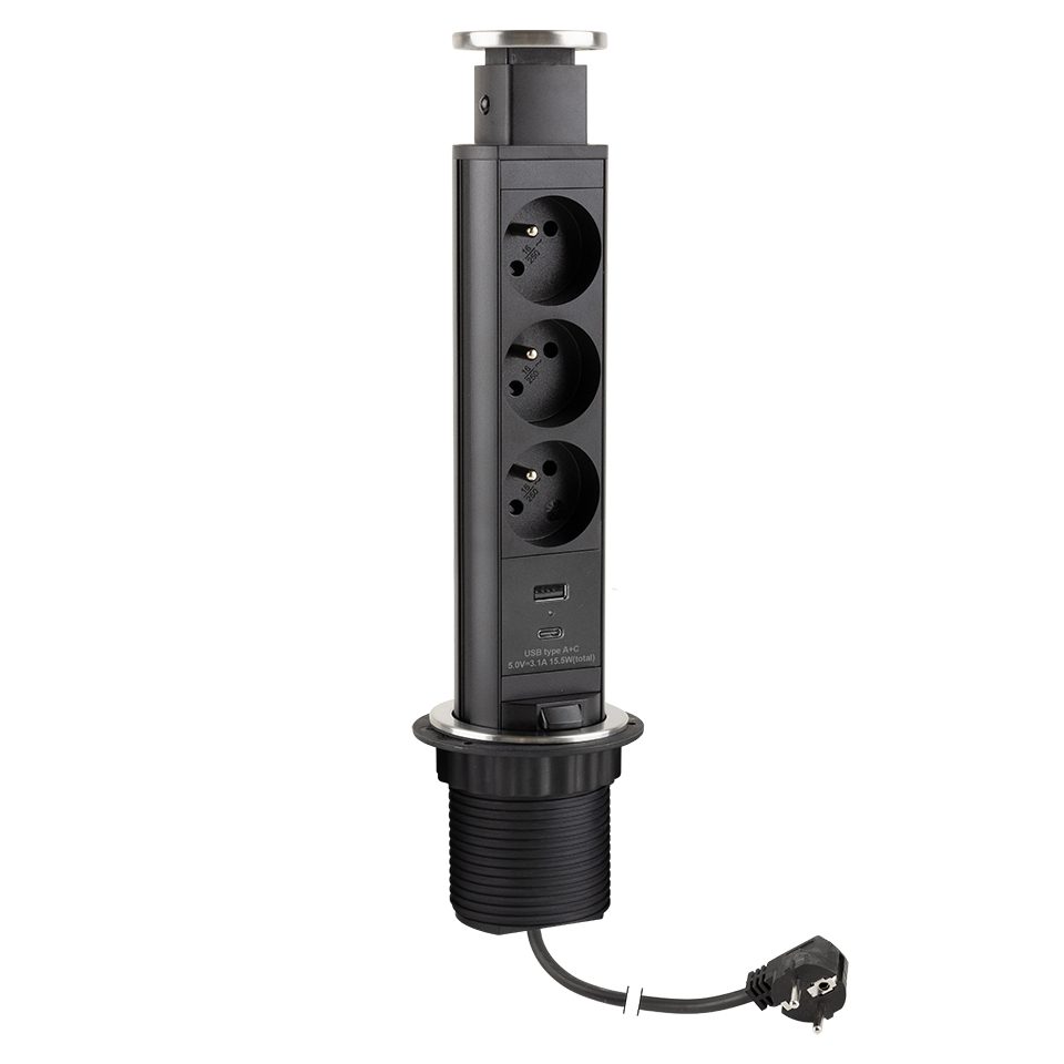 StrongPower Elektrická zásuvka vytahovací, 3x 230V Francouzská, USB A+C, černá
