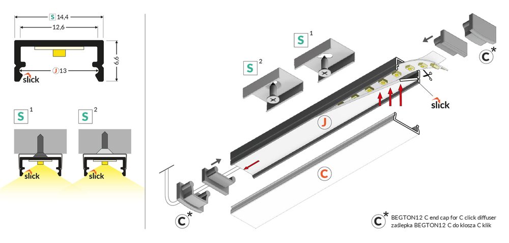 StrongLumio profil LED Begton 12, 2000mm stříbrná elox