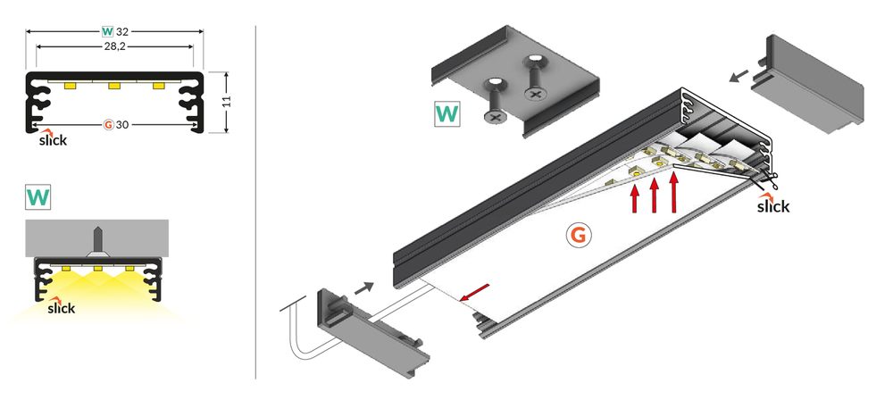 StrongLumio profil LED Wide 24, 1000mm stříbrná surová