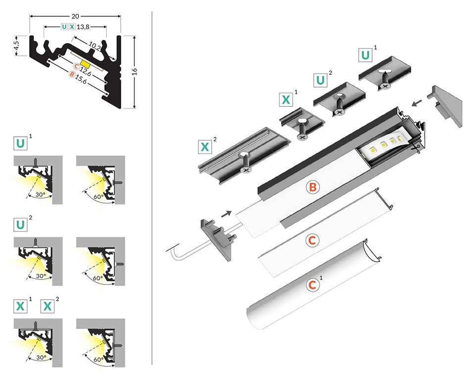 StrongLumio profil LED Corner 10, 2000mm stříbrná elox