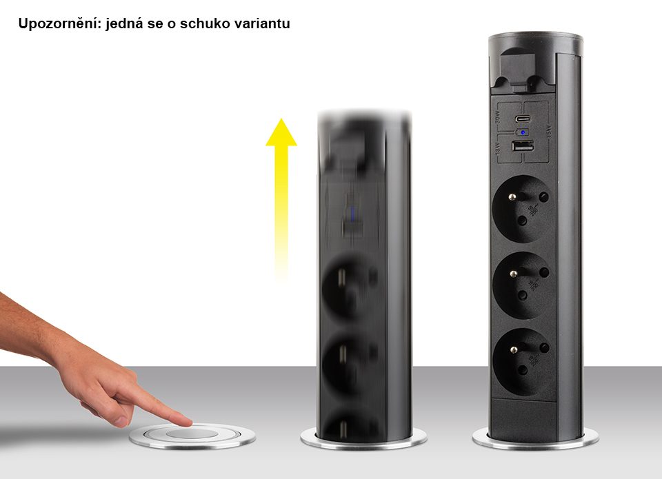StrongPower elektricky výsuvná zásuvka 3x 230V Schuko, USB A+C, černá