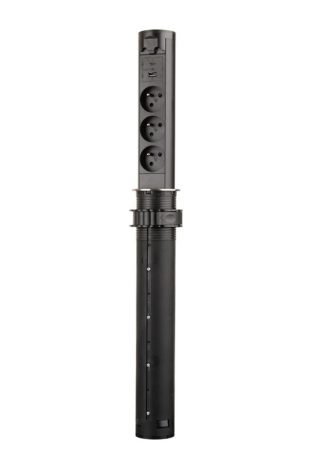 StrongPower elektricky výsuvná zásuvka 3x 230V Francouzská, USB A+C, černá