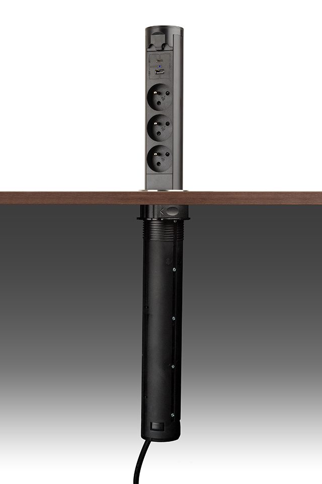 StrongPower elektricky výsuvná zásuvka 3x 230V Francouzská, USB A+C, černá