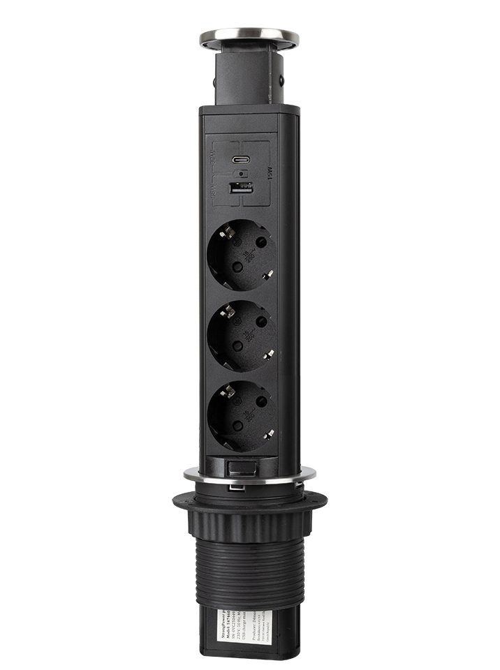 StrongPower Elektrická zásuvka vytahovací, 3x 230V Schuko, USB A+C, černá