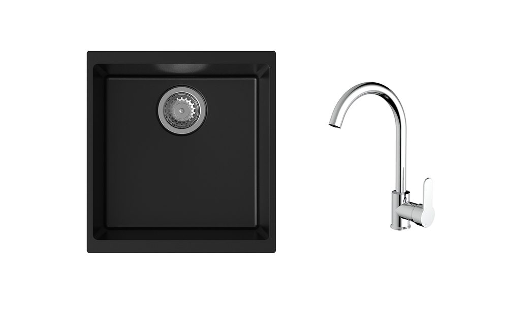 K-StrongSinks S3 Set dřez Hron 430x460mm granit černá + Baterie Seina chrom