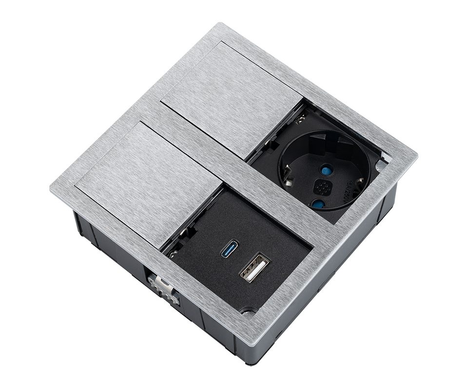 VersaHit Dual elektrická zásuvka 1x 230V Schuko, USB A/C 5V broušený hliník