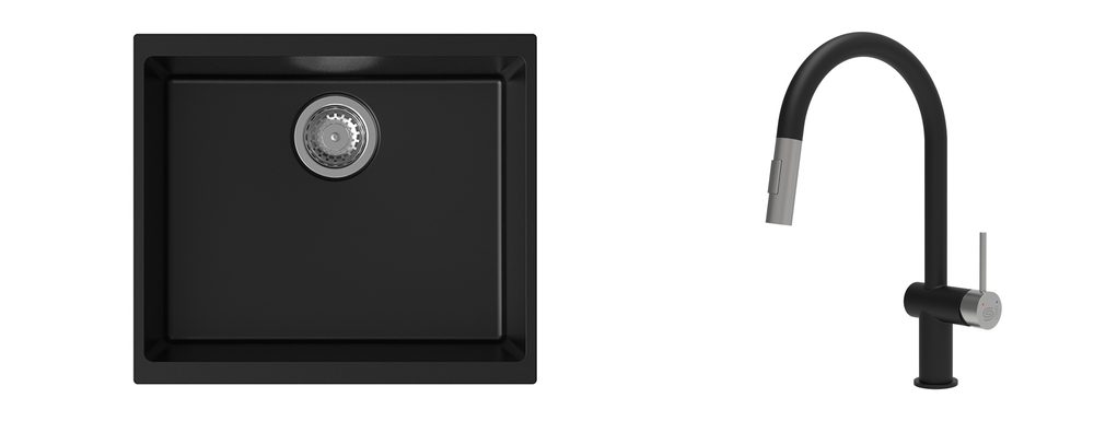 K-StrongSinks S3 Set dřez Hron 530x460mm granit černá + Baterie Neris černá/n.