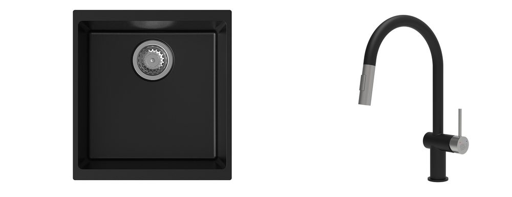 K-StrongSinks S3 Set dřez Hron 430x460mm granit černá + Baterie Neris černá/n.