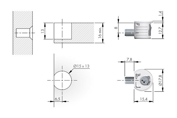 IF KORE 15 spojovací kování, M6x8 mm, krytka bílá