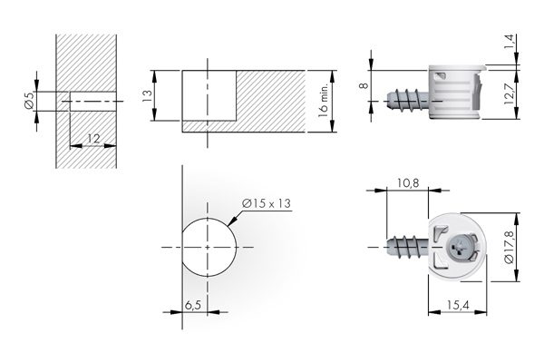 IF KORE 15 spojovací kování, eurošroub 5x11 mm, krytka bílá