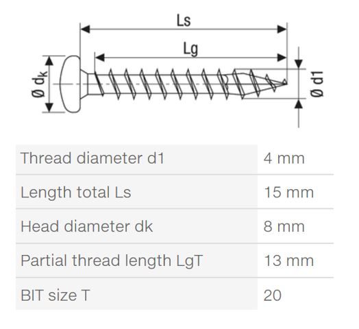 SPAX vrut 4x15mm půlkulatá hlava.TXS,W,4C,