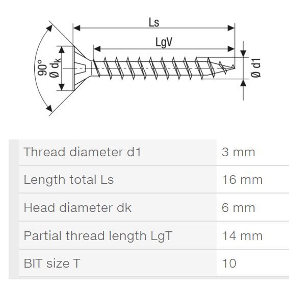 SPAX vrut 3x16mm zápustná hlava TXS W 4C MH