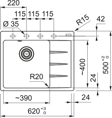 FRANKE Dřez CNG 611-62 TL/2 620x500mm černá matná